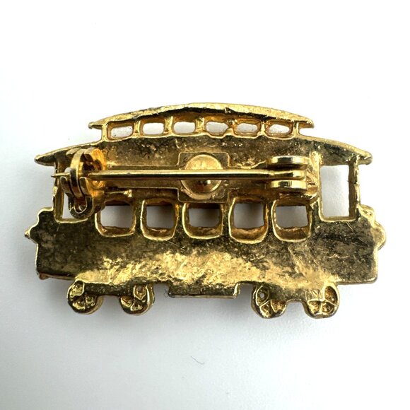 VTG San Francisco Cable Car Trolley Brooch/Pin Red Rhinestone Gold Tone Lapel - Picture 2 of 4